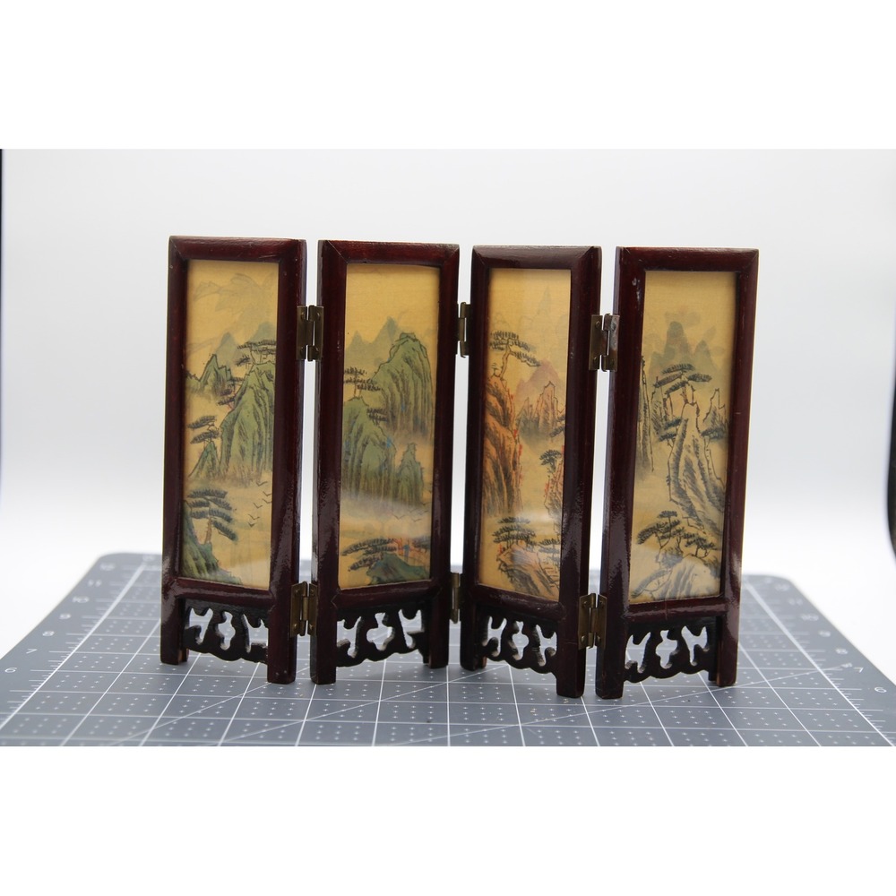 Vintage Miniature 4 Panel Folding Screen Double Sided Birds Mountain Landscape